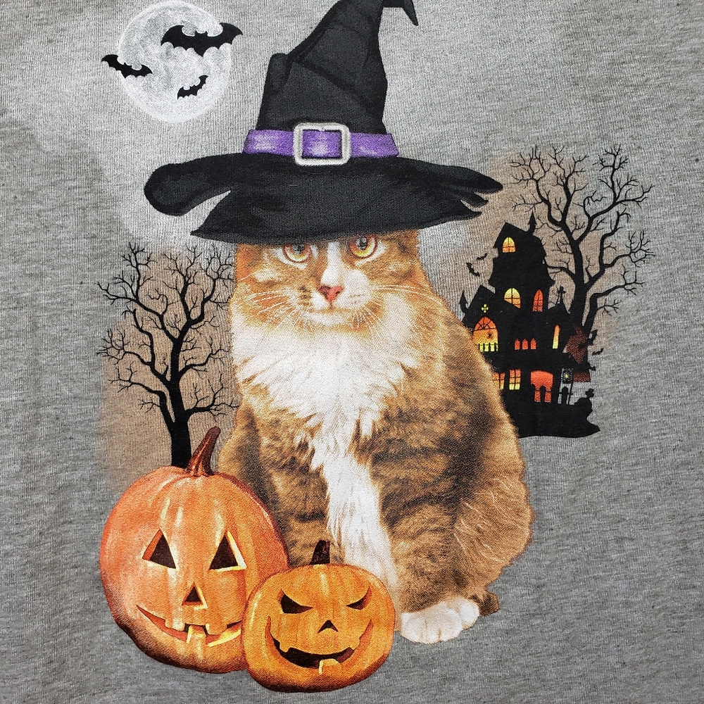 Celebrate Halloween witch cat with haunted house & pumpkins graphic tshirt Sz M - Picture 2 of 6